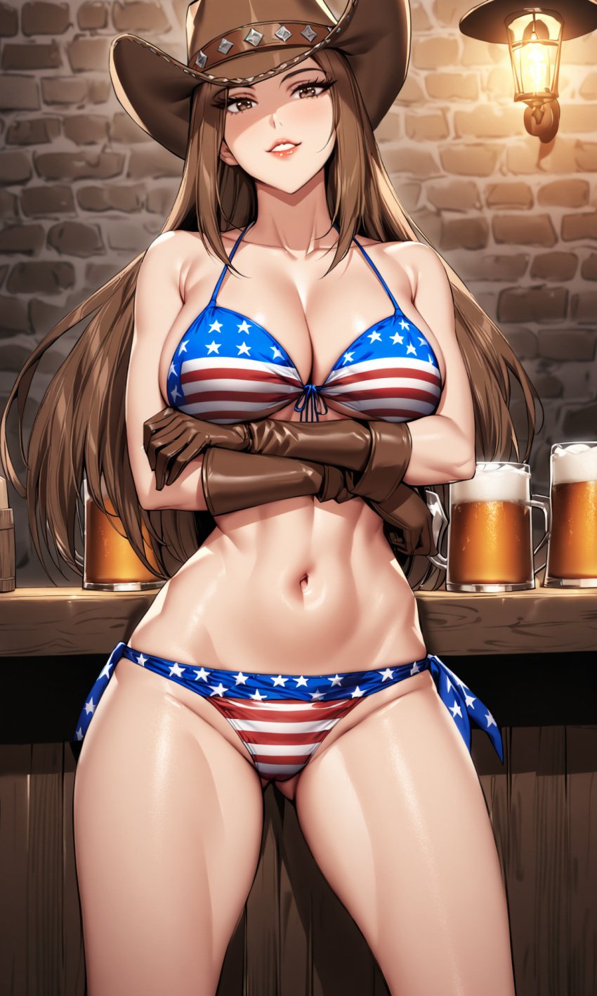 ai_generated american_flag american_flag_bikini arms_crossed beer big_breasts bikini breasts brick_wall brown_eyes brown_gloves brown_hair cleavage countertop cowboy_gloves cowboy_hat crossed_arms curvaceous_body curvy_figure female flag_bikini gloves hat hi_res landlord's_little_daughter large_breasts long_hair looking_at_viewer navel open_smile parted_lips queen_bee_(manhwa) red_lips smile stable_diffusion yoo_dali