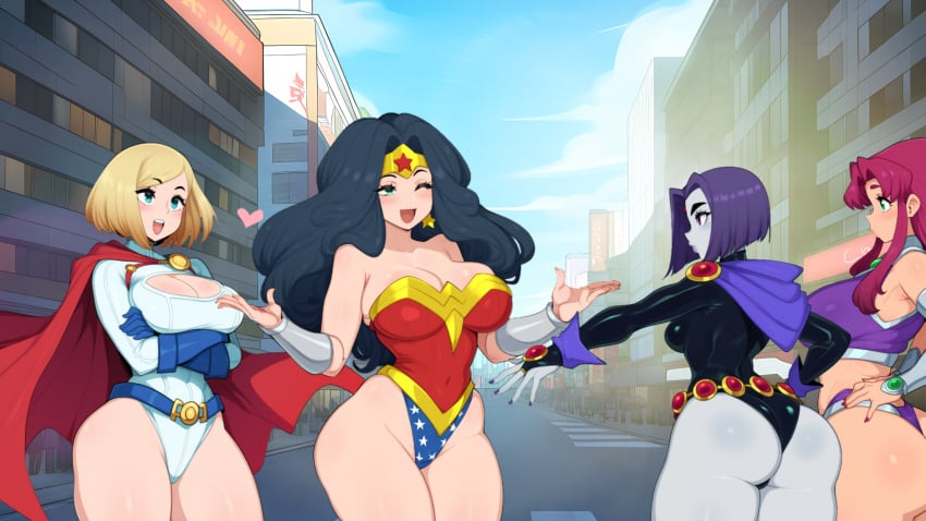 4girls ai_generated alien alien_girl ass ass_grab back_view big_breasts curvaceous curvy day dc dc_comics female_focus female_only hourglass_figure koriand'r kryptonian large_breasts leotard mullon multiple_girls novelai power_girl rachel_roth raven_(dc) smile starfire superheroine superman_(series) tamaranean teen_titans that_ass_was_fat thick_thighs wink wonder_woman wonder_woman_(series)