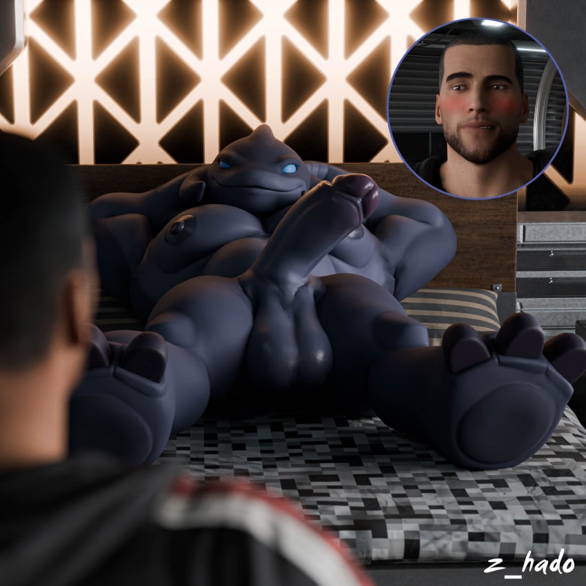 3d_(artwork) abs absurd_res alien anthro balls big_balls big_muscles big_nipples big_pecs big_penis bioware black_hair blush commander_shepard crossover digital_media_(artwork) disney duo electronic_arts erect_nipples erection gantu genitals grey_body hair hi_res human human_on_anthro interspecies larger_anthro larger_male lilo_and_stitch lying male male/male mammal mass_effect muscular muscular_anthro muscular_male nipples nude on_back pecs penis signature size_difference smaller_human smaller_male xenophilia z_hado