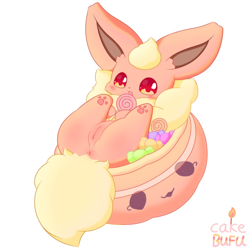 anus blush cakebufu candy canid canine dessert eeveelution female feral flareon food fruit generation_1_pokemon genitals halloween hi_res holidays lollipop mammal nintendo plant pokemon pokemon_(species) pumpkin pussy red_body red_eyes solo sugar tail yellow_tail