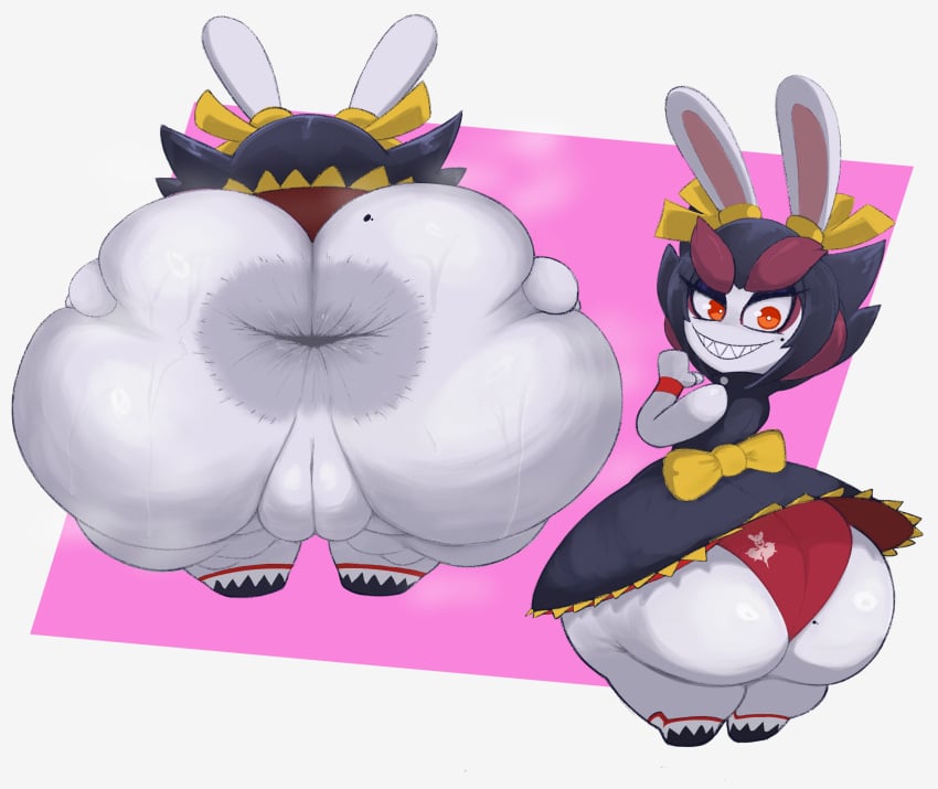 anthro anus ass big_anus big_butt black_hair bodily_fluids clothing female fur genitals hair hi_res huge_anus huge_butt kanya_(mario_+_rabbids) kanya_(mario_plus_rabbids) lagomorph leofel_barraund mammal markings mole_(marking) puffy_pussy pussy rabbid raving_rabbids rayman_(series) rear_view red_clothing red_underwear ribbons short_stack solo spread_butt spreading steam sweat ubisoft underwear white_body white_fur