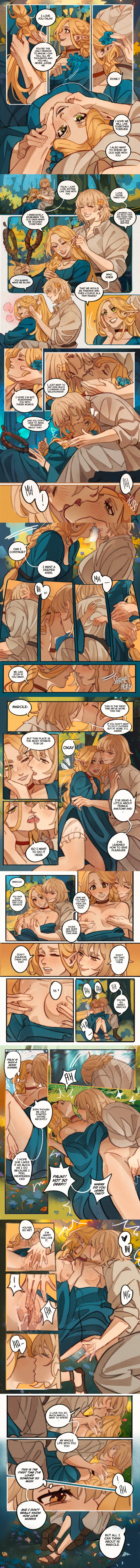 ! 2girls anticipation arms_around_partner blonde_hair blush braid braided_hair breast_grab breasts choker close-up closed_eyes clothed_female_nude_female color comic delicious_in_dungeon dialogue dress_lift dungeon_meshi elf_ears elf_female embarrassed embrace english_text erect_nipples exclamation_point falin_touden finger_fuck fingering fingering_from_behind fingering_partner first_person_view flower flower_in_hair forest french_kiss functionally_nude green_eyes groping_breasts groping_from_behind hair_ornament half-closed_eyes half-elf hand_on_another's_arm hand_on_another's_face hand_on_face heart highres i_love_you imminent_kiss imminent_sex kissing kneeling labia lighting long_hair looking_at_another looking_at_partner looking_pleasured lying lying_on_back marcille_donato miloras moaning motion_lines nipples one_eye_closed outdoor_sex outdoors partially_clothed playing_with_hair pointy_ears pussy pussy_juice pussy_juice_on_hand robe romantic romantic_couple side_view sitting small_breasts smile sound_effects speech_bubble spoken_heart spread_legs staff surprised thought_bubble tied_hair trembling tying_hair undressing undressing_another unseen_female_face visible_breath white_background wholesome wide_eyed yellow_background yellow_eyes yuri