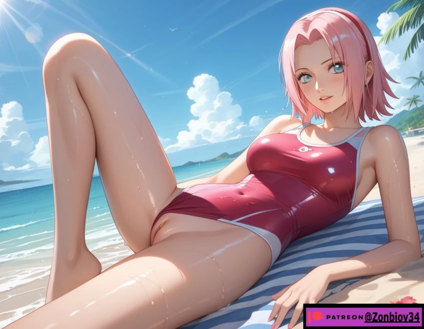 ai_generated anus_exposed beach beach_towel blonde_female blonde_hair blonde_hair_female exposed_ass hair_over_one_eye naruto naruto_(series) ponytail presenting_hindquarters presenting_pussy pussy_exposed ripped_clothing ripped_pants ripped_swimsuit sakura_haruno seaside short_hair swimsuit tagme