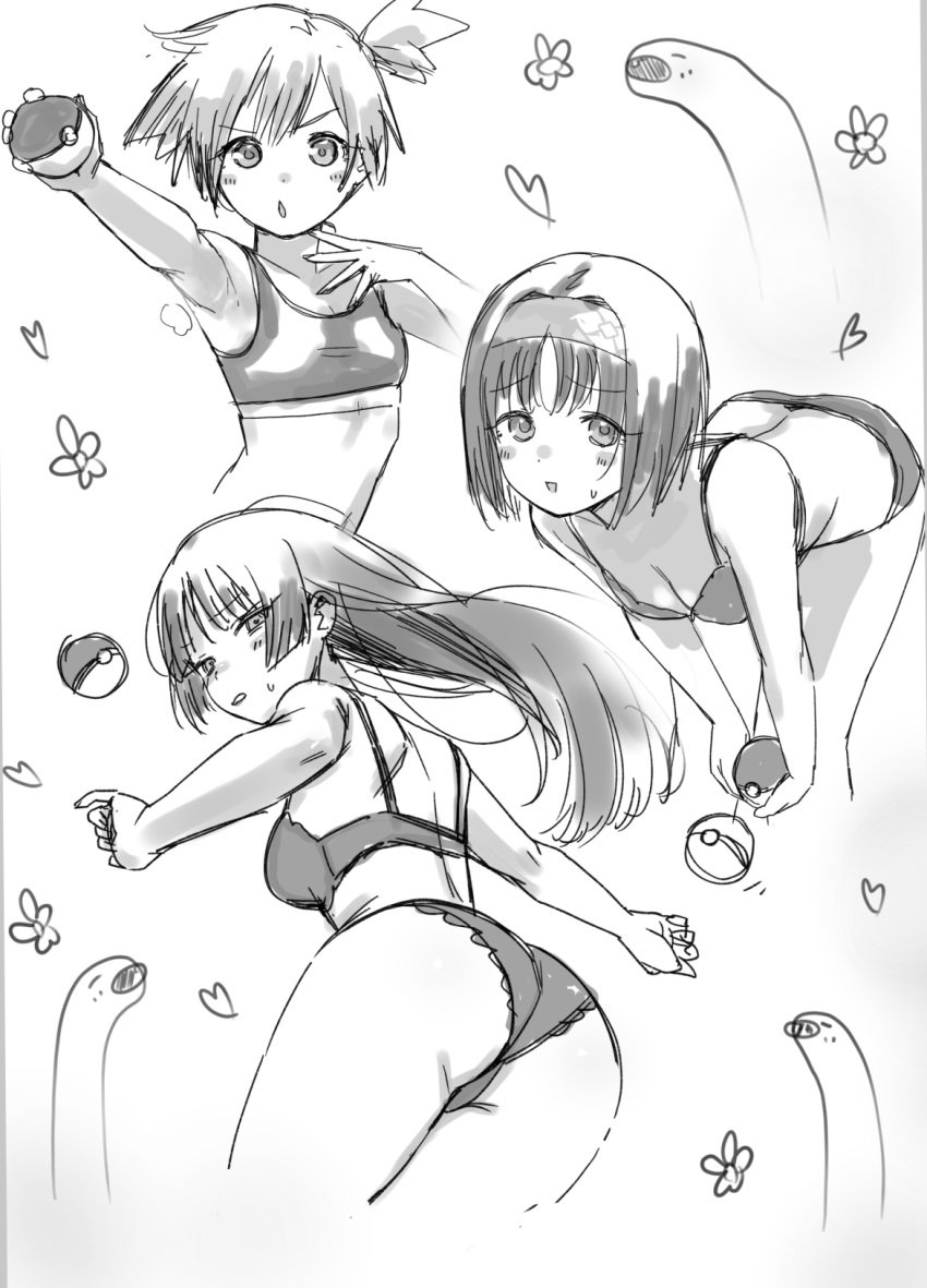 3girls :o armpits ass asymmetrical_hair bent_over blunt_bangs blush bra breasts cleavage creatures_(company) erika_(pokemon) flower game_freak gym_leader hairband heart highres hime_cut holding holding_poke_ball kasumi_(pokemon) legs lingerie long_hair looking_at_viewer medium_breasts multiple_girls navel nintendo open_mouth panties parted_lips poke_ball poke_ball_(basic) pokemon pokemon_(anime) pokemon_(classic_anime) pokemon_rgby ponytail sabrina_(pokemon) sakiecho short_hair shorts side_ponytail small_breasts smile sweat sweatdrop thighs underwear underwear_only wugtrio