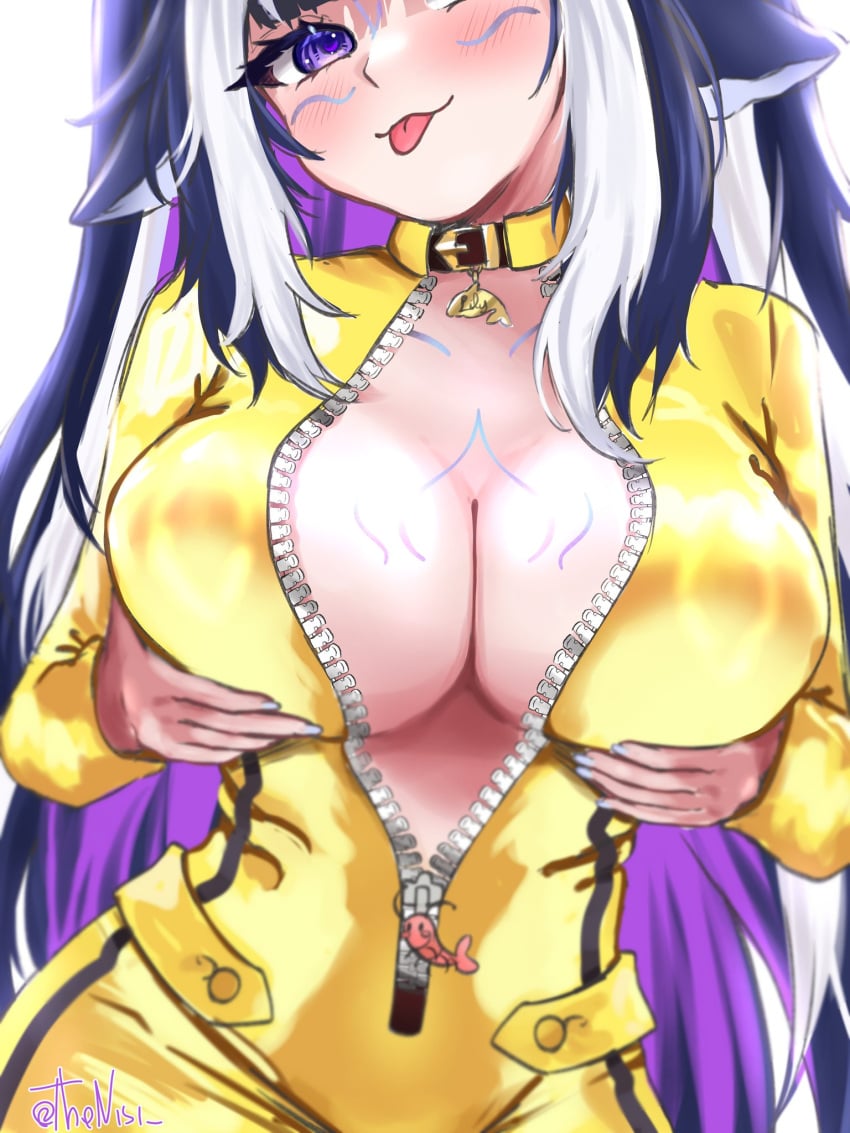 big_breasts bodysuit female grabbing_breasts grabbing_own_breast long_hair looking_at_viewer multicolored_hair orca_girl purple_eyes shylily tongue tongue_out virtual_youtuber yellow_suit zipper zipper_down