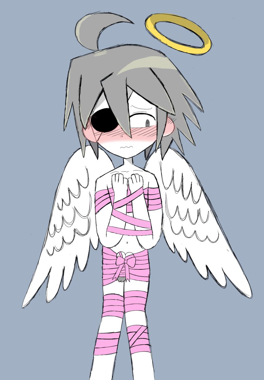 1boy ahoge angel_boy angel_wings artist_request blush bondage embarrassed embarrassed_nude_male eyepatch funamusea grey_hair halo male_only nude_male ribbon short_hair solo the_gray_garden tied_up wings wodahs