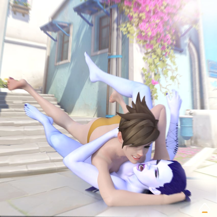 3d 3d_(artwork) anorcorner breasts_pressed_against_partner catfight enemies fight fighting hate lena_oxton overwatch overwatch_2 panties purple_hair purple_skin rivals struggling topless tracer widowmaker yuri