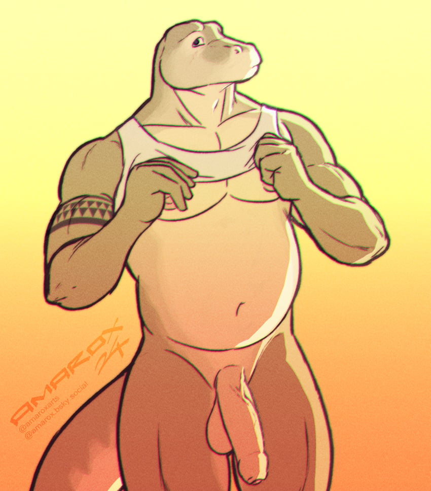 amarox anthro bottomless clothed clothing digital_drawing_(artwork) digital_media_(artwork) dressing foreskin genitals hi_res komodo_dragon lizard long_penis looking_away lucas_(amarox) male monitor_lizard musclegut muscular navel nipples penis reptile scalie shirt solo standing tail tank_top tattoo topwear