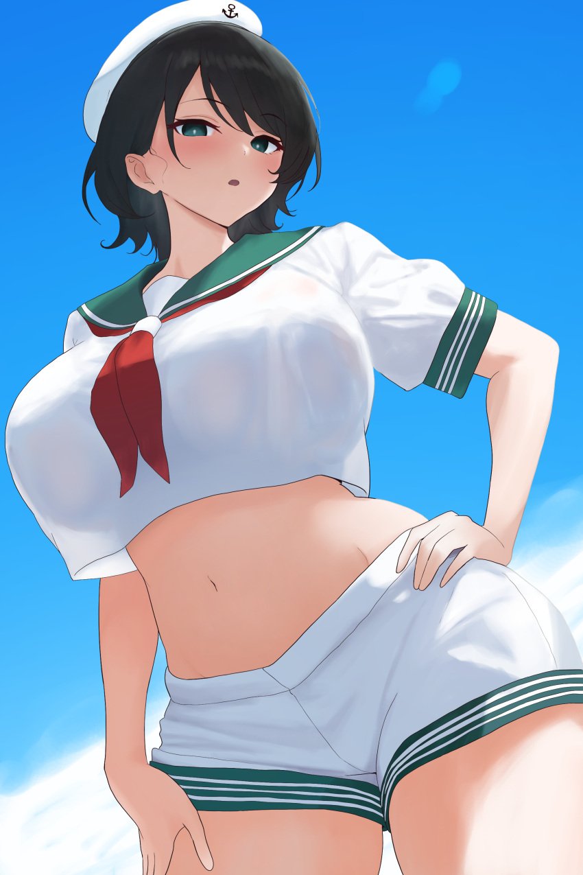 1girls 3d anchor_symbol black_hair blue_sky blush breasts_bigger_than_head collared_shirt crop_top female_only fully_clothed green_eyes hand_on_hat hand_on_hip hat huge_breasts looking_at_viewer midriff minamitsu_murasa moriforest1040 navel neckerchief red_neckerchief sailor_collar sailor_hat see-through see-through_clothing short_hair short_shorts short_sleeves shorts simple_background sky solo touhou white_background white_hat white_shirt