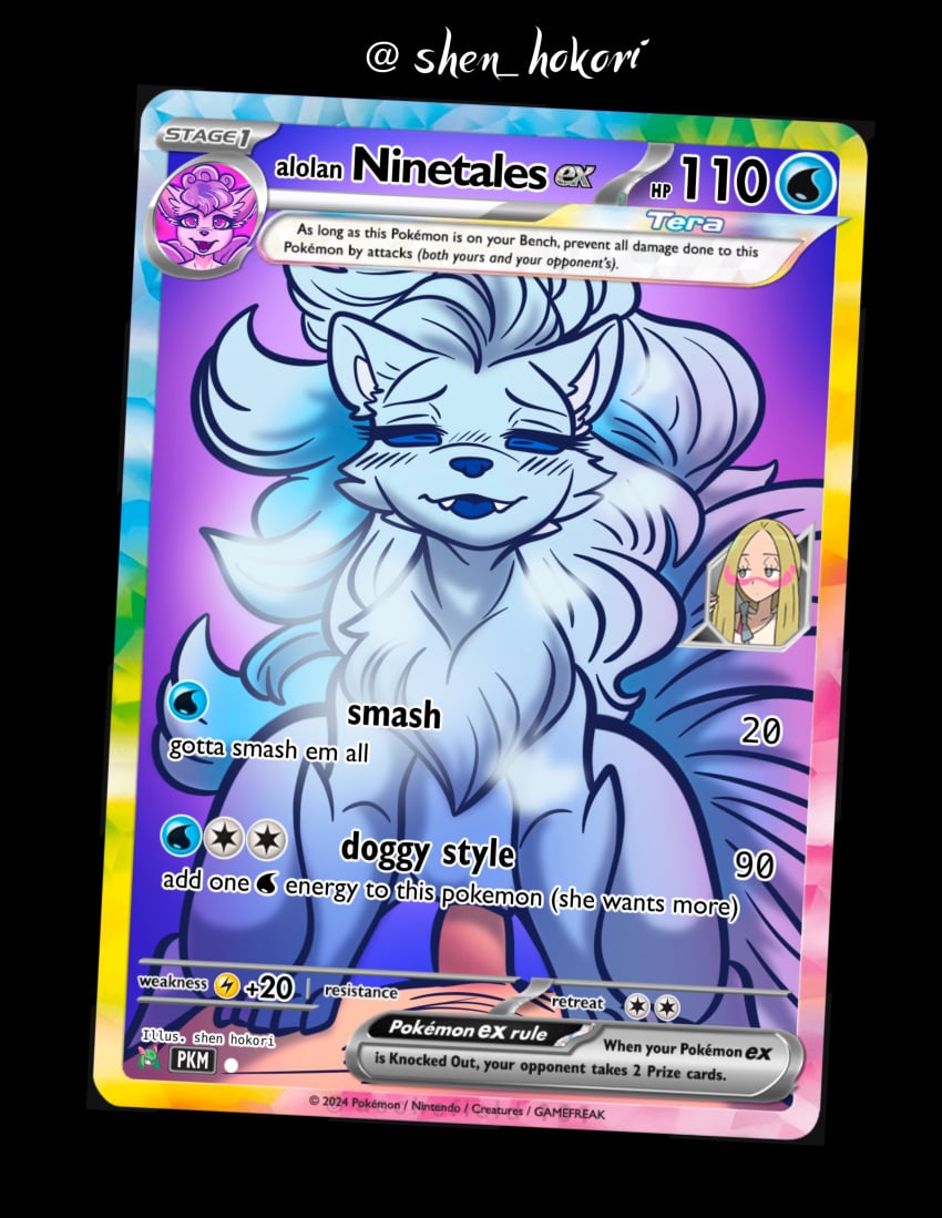 alolan_ninetales blue_body blue_eyes blue_fur blue_hair canid canine fangs human human_on_feral interspecies male_human/female_feral male_human/female_pokemon mammal ninetales nintendo penis pokemon pokemon_(species) pokemon_card pokemon_trading_card_game pokephilia pov sex shen_hokori