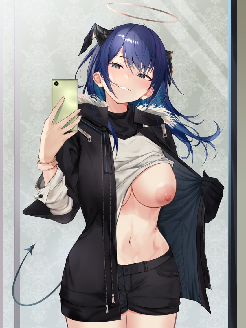 1girls arknights halo mostima_(arknights) no_bra one_breast_out phone selfie shirt yomesuket