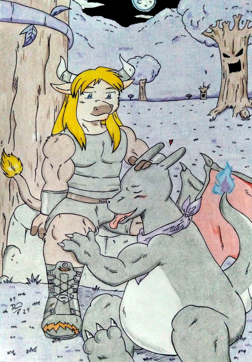 2024 2_horns absurd_res anthro barazoku biceps black_body black_clothing blizzard_entertainment blonde_hair blue_eyes blush blush_lines boots bovid bovid_horn bovine bovine_ears bovine_horn bovine_tail brown_body brown_fur bulge bulge_lick charizard claws closed_eyes clothed clothing creepy dashthefox detailed_background dragon duo ebro evil_look fingers fire footwear forest forest_background fur generation_1_pokemon hair hand_on_leg hi_res horn kerchief licking male mammal manly membrane_(anatomy) membranous_wings multicolored_body multicolored_fur muscular muscular_anthro muscular_arms muscular_male mythological_creature mythological_scalie mythology nature nature_background neckerchief neckwear night nintendo open_mouth outside plant pokemon pokemon_(species) rock scalie shirt shoes smile tail tauren tongue tongue_out topwear touching_head traditional_media_(artwork) tree vines warcraft wings