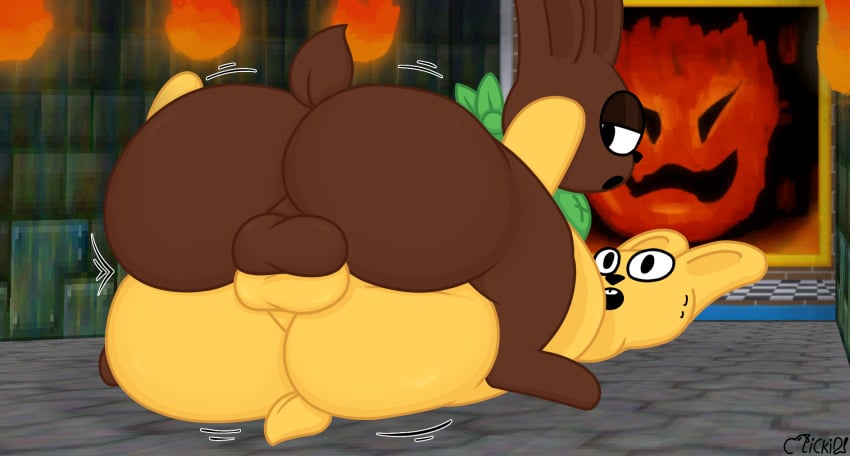 armless ass backsack balls balls_touching big_butt candy chocolate clothed clothing dessert detailed_background duo fire food frottage genitals henrique_rick hi_res hops_(henrique_rick) humanoid kerchief lagomorph leporid looking_at_another lying male male/male mammal mario_bros mips nintendo on_back on_front painting partially_clothed penile rabbit rear_view sex shocked sitting_on_another smug_eyes super_mario_64 thick_thighs yellow_body