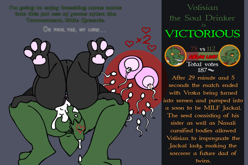 after_sex after_vore anthro bodily_fluids canid canine canis cum cum_inside death duo fatal fatal_vore female genital_fluids impregnation incest_(lore) jackal kakroon leaking_cum lizard male male/female mammal ovum reptile scalie sperm_cell tournament vore