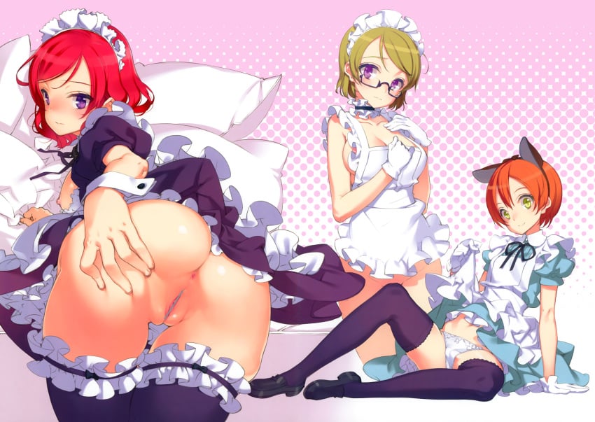 anus ass censored hoshizora_rin koizumi_hanayo love_live! love_live!_school_idol_project maid naked_apron nishikino_maki oyari_ashito panties thighhighs underwear