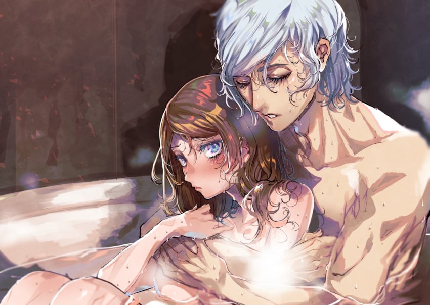 1boy 1girls bath bathing blue_eyes blush breasts brown_hair bungo_stray_dogs collarbone couple female grey_hair hug hug_from_behind indoors long_hair male male/female margaret_mitchell_(bungo_stray_dogs) masahiro_eto mixed_bathing nathaniel_hawthorne_(bungo_stray_dogs) nude nude_female nude_male parted_lips partially_submerged romantic romantic_couple shared_bathing short_hair sitting sitting_in_bathtub sitting_in_water steam water wet