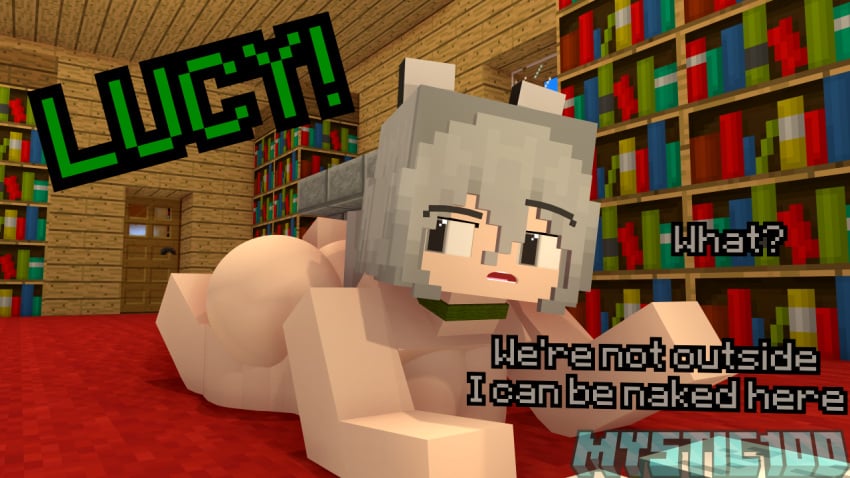 ass ass big_ass big_booty big_butt booty dialogue grey_eyes grey_hair lucy_the_wolf mine-imator minecraft mystic100 wolf_ears wolf_girl