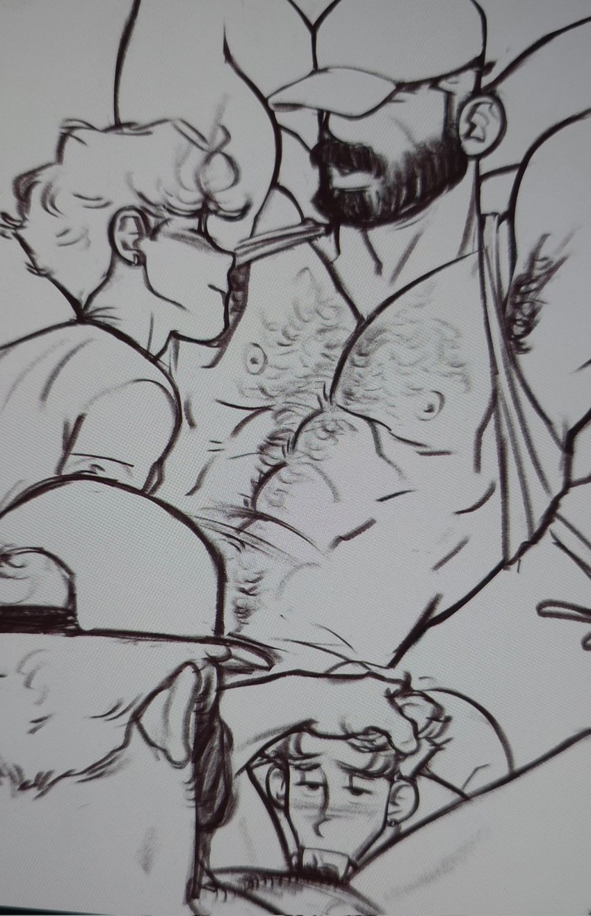 armpit_fetish armpit_licking bara bara_on_twink bear beard blowjob buff_male duck_deans gay hairy_chest hairy_male hand_on_head hat male queer twink