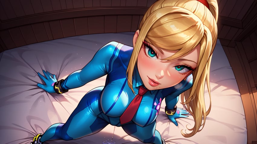 1girls ai_generated blonde_hair blue_eyes blush cameltoe large_breasts long_hair looking_at_viewer metroid on_bed ponytail pussy_juice pussy_juice_drip pussy_juice_puddle samus_aran smiling tight_clothing zero_suit_samus