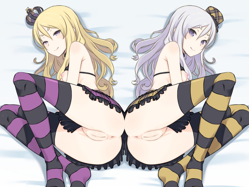 2girls anus areolae ass bed blonde_hair blush breasts crown exela_(summon_night) hat highres hou_(hachiyou) legs long_hair looking_at_viewer lying multiple_girls nipples no_panties on_side purple_eyes purple_hair pussy skirt small_breasts smile striped striped_legwear summon_night summon_night_5 thighs uncensored veloce_(summon_night)