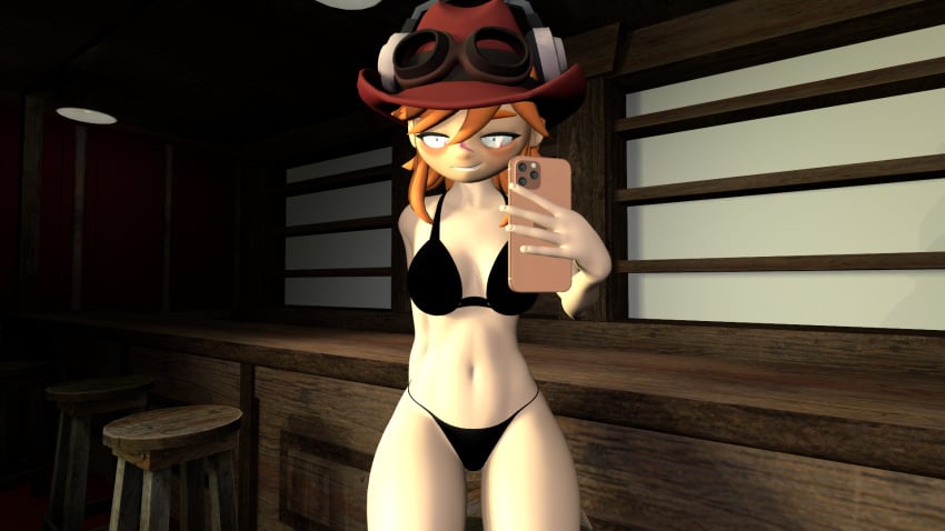 3d 3d_(artwork) bikini bra cowgirl female googles headphones meggy_spletzer scarred self_upload smartphone smg4 source_filmmaker underwear