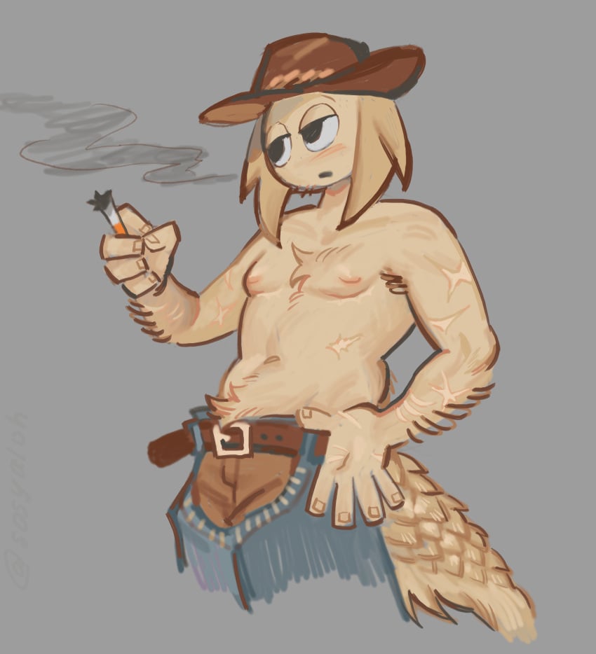 1boy 1male belt blush body_fur body_hair calm cigarette cowboy cowboy_hat cowboy_outfit dad_bod denim denim_jeans ears_down exposed_breasts exposed_shoulders exposed_torso gray_background looking_away male male_only multiple_scars no_visible_genitalia scales scar scars sheriff slightly_chubby smoke smoking smoking_cigarette solo sosyaloh sprunki tail tan_(sprunki) tan_body tan_fur tan_skin top_surgery_scars tunner_(sprunki)