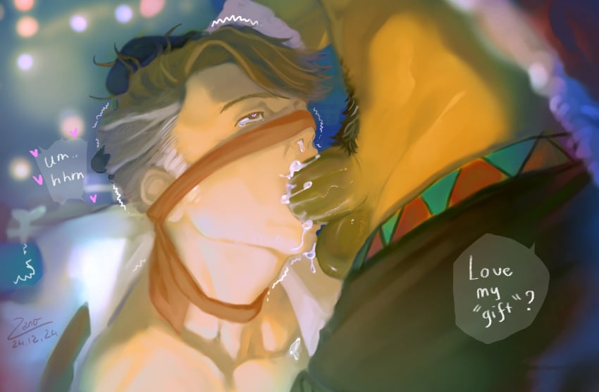 2boys almond_cookie bara black_pants coat collarbone cookie_run cum cum_in_mouth cum_in_nose dated eggnog_cookie english_commentary english_text erection fellatio fur-trimmed_coat fur_trim hand_on_another's_head heart heart-shaped_pupils highres looking_at_another looking_up male_focus mature_male multiple_boys muscular muscular_male open_clothes open_mouth open_shirt oral pants penis pubic_hair red_coat sex shin_0z shirt signature speech_bubble symbol-shaped_pupils testicles unbuttoned unbuttoned_shirt white_shirt yaoi