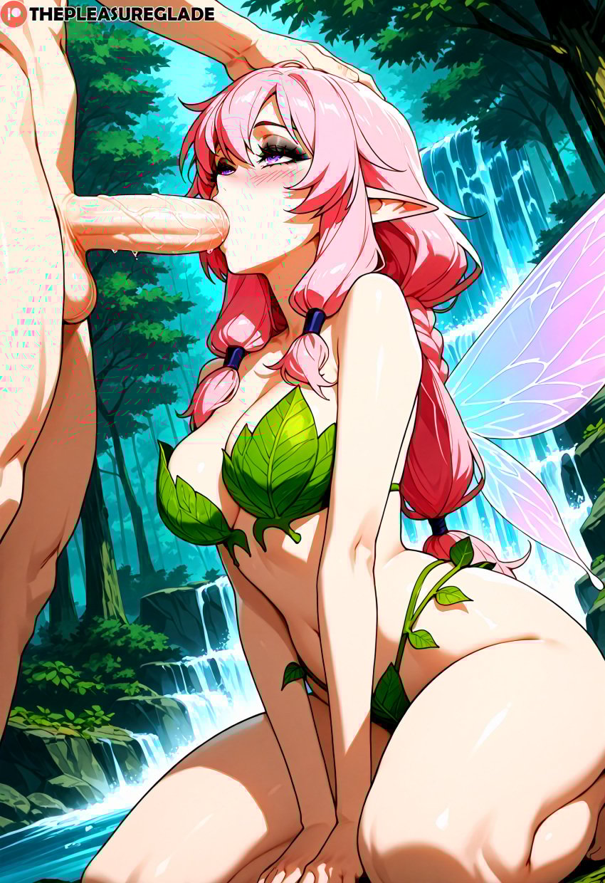 1boy absurd_res ai_generated blowjob blush braid eyeshadow fairy fairy_wings fellatio female half-closed_eyes kneeling kneeling_oral_position leaf_clothing long_hair looking_up male midriff navel original original_character outdoors penis pink_hair pointy_ears purple_eyes revealing_clothes sidelocks the_pleasure_glade thick_thighs wings