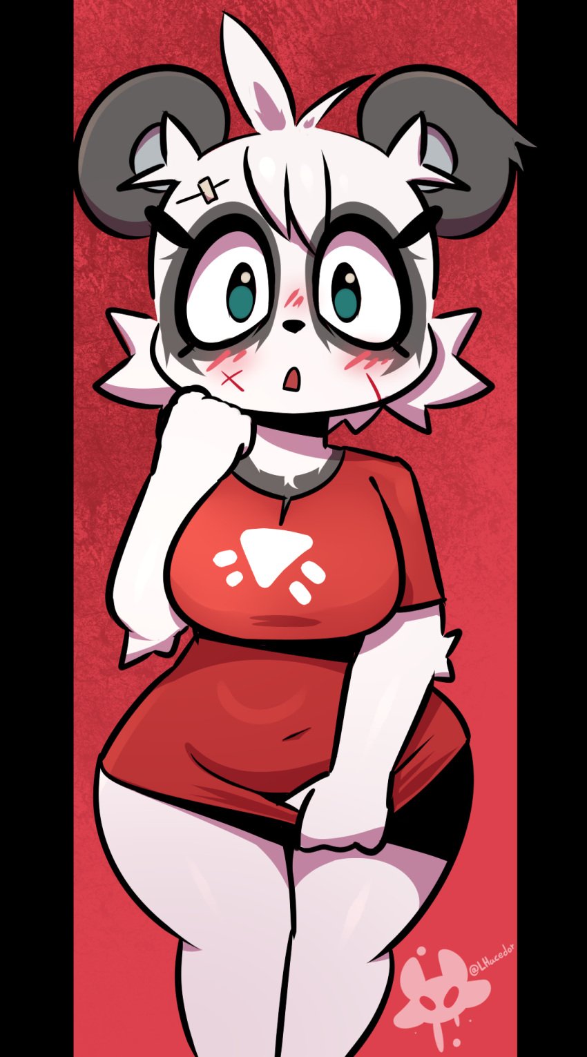 anthro bandage belly big_breasts black_body blue_eyes blush breasts cheek_tuft clothing clothing_pull cult_of_the_lamb eye_bags eyelashes facial_tuft female hi_res jalala_(cult_of_the_lamb) lhacedor looking_at_viewer mammal massive_monster_(studio) multicolored_body navel red_clothing scar solo thick_thighs topwear tuft two_tone_body white_body wide_hips wounded