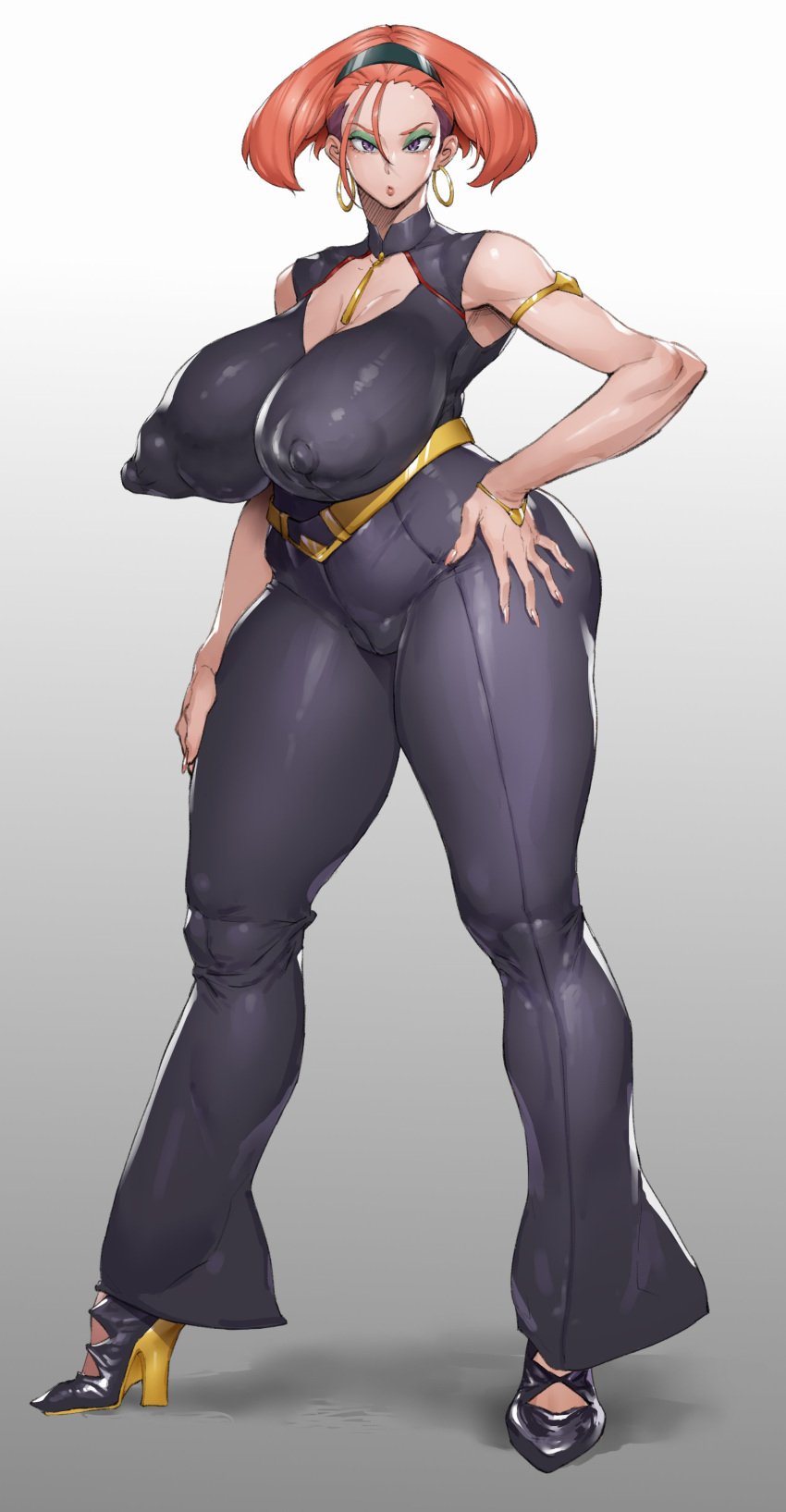 1girls annqi bare_shoulders bent_over black_bodysuit bodysuit bonten breasts cleavage curvy earrings erect_nipples erect_nipples_under_clothes eyelashes eyeshadow female gundam gundam_gquuuuuux half-closed_eyes hand_on_own_hip huge_breasts jewelry makeup orange_hair shiny_skin standing thick_thighs thighs wide_hips