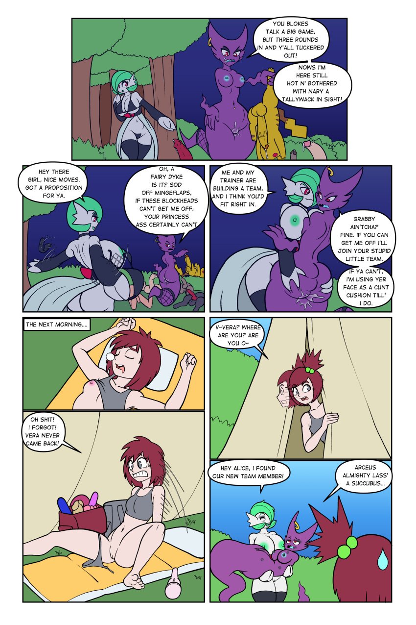 2:3 absurd_res after_sex big_penis breasts comic dialogue english_text female female/female forest forest_background fours_(artist) fourssss gardevoir generation_1_pokemon generation_3_pokemon genitals ghost_(pokemon) half_naked haunter hi_res human male male/female mammal nature nature_background nintendo offscreen_sex penis pikachu plant pokemon pokemon_(species) profanity purple_body sex_toy sirnight sleeping_bag tent text thick_thighs tree white_body wide_hips