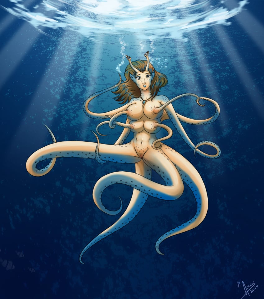 1girls access accessworld aquatic blue_eyes blue_skin breasts female female_focus female_only monster_girl multi_arm multi_breast multi_eye multi_leg multi_limb nipples octopus pussy solo solo_focus squid tentacle tentacles underwater unusual_anatomy water