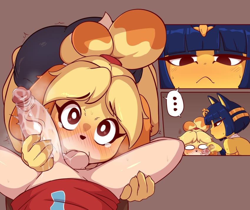 1boy 2025 2girls absurd_res animal_crossing ankha_(animal_crossing) anthro ball_suck ball_sucking balls blue_hair canid canine canis caught domestic_cat domestic_dog erection faceless_character faceless_human faceless_male felid feline felis female foreskin fur genitals group hair hi_res human human_on_anthro interspecies isabelle_(animal_crossing) male male/female mammal nintendo oral penis prokylan retracted_foreskin sex shih_tzu sucking sucking_testicles toy_dog trio vein veiny_penis villager_(animal_crossing) yellow_body yellow_fur