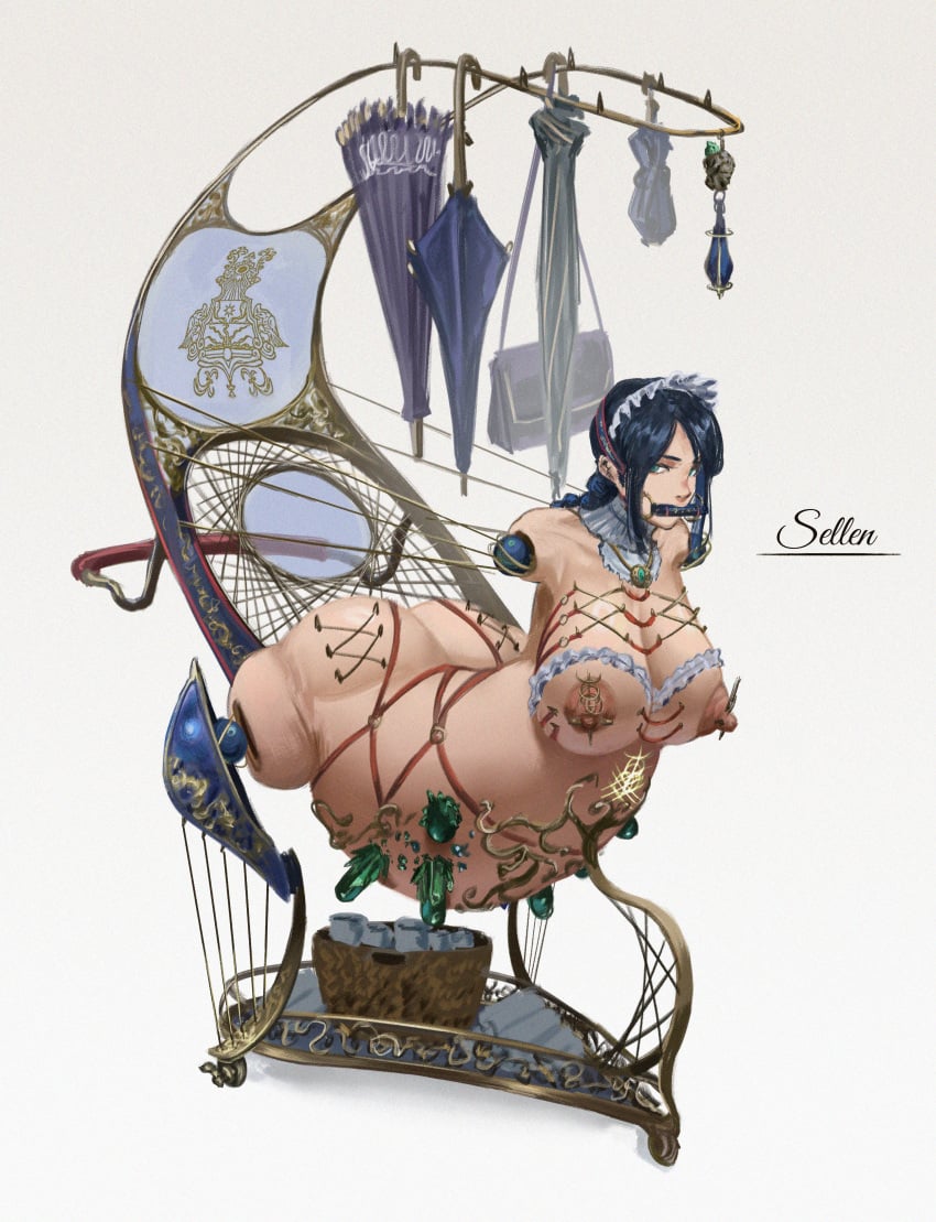 amputee big_breasts big_nipples bit_gag body_modification branded branding_mark breasts clothes_hanger corset_piercing elden_ring forniphilia futanari gag gagged harness headband huge_belly insertion intersex living_furniture nipple_piercing pregnant pregnant_belly prosthetic quadruple_amputee sezdraw sorceress_sellen