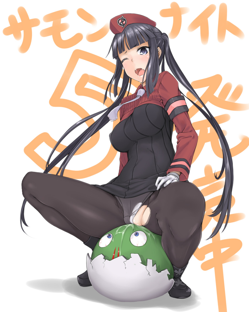 black_hair blush breasts cum gloves hair hat large_breasts long_hair nipples nosebleed one-two_punch!! pantyhose purple_eyes saliva summon_night summon_night_5 yeng-hua_(summon_night)