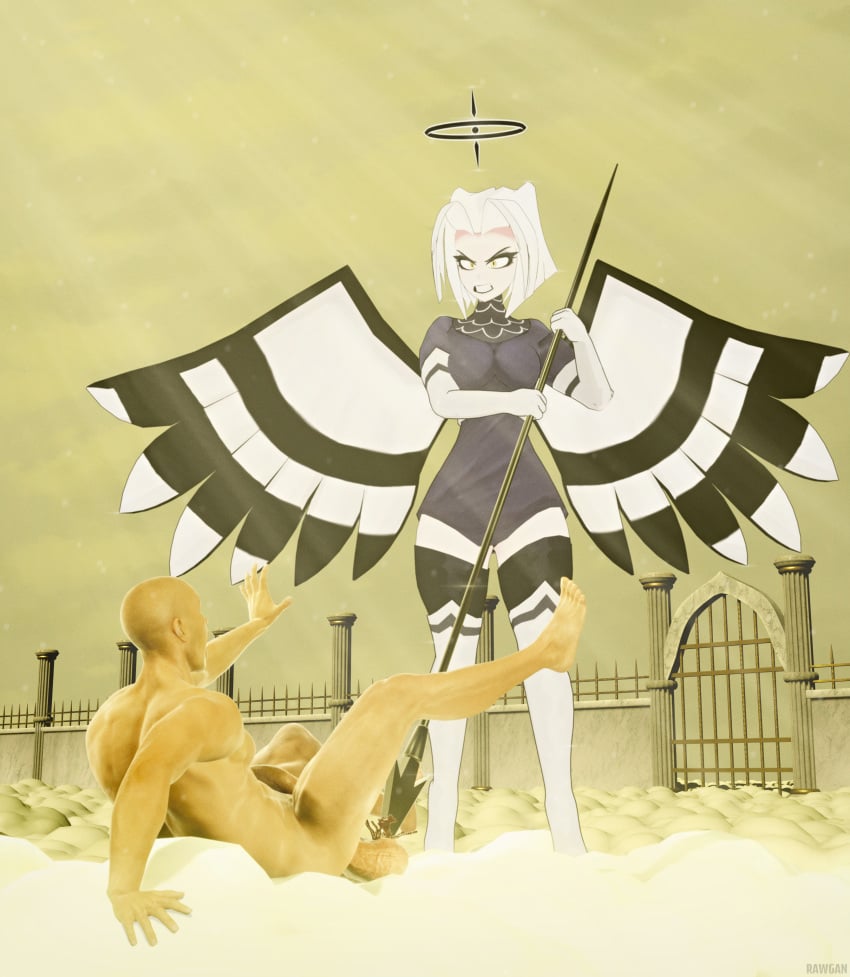 1boy 1girls 3d abuse after_life age_difference angel ballbusting blood castration cbt cloud clouds cock_and_ball_torture dominant_female female gate hazbin_hotel heaven human larger_female lute_(hazbin_hotel) lying male male/female older_female pain sitting size_difference sky smaller_male spear standing submissive_male torture wall white_hair yellow_eyes younger_male