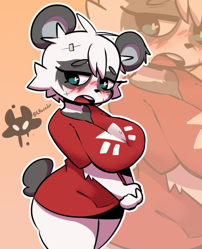 anthro bandage big_breasts black_body blue_eyes blush breast_squish breasts cheek_tuft clothing cult_of_the_lamb eyelashes facial_tuft female hands_together heart_symbol hi_res jalala_(cult_of_the_lamb) lhacedor looking_back mammal massive_monster_(studio) multicolored_body narrowed_eyes open_mouth red_clothing scar solo squish standing tail thick_thighs topwear tuft two_tone_body white_body wide_hips wounded