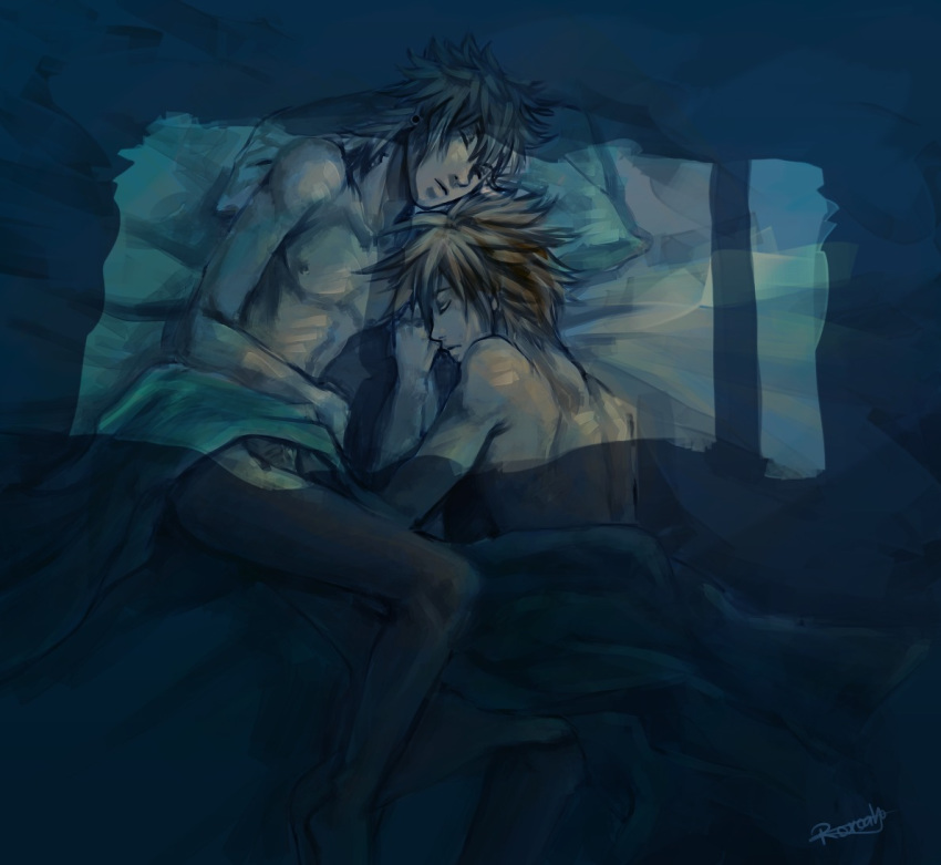 2boys artist_signature gay kingdom_hearts lying_on_side male_only no_visible_genitalia nude roxas sleeping sora yaoi