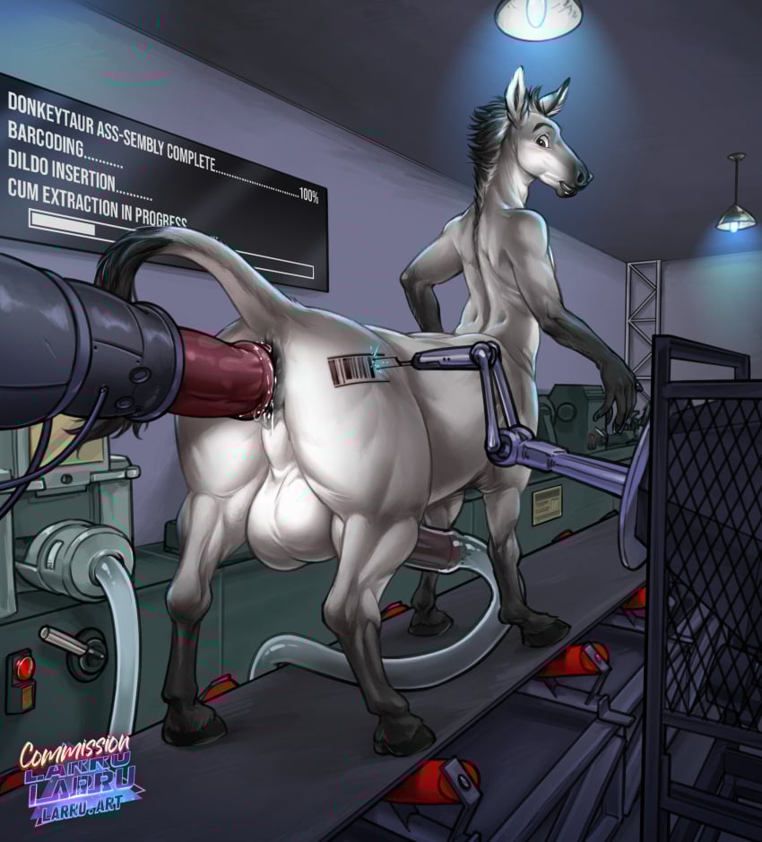 anal anal_sex asinus ass balls big_balls big_penis butt_tattoo conveyor_belt donkey donkey_taur equid equine factory fur genitals grey_body grey_fur hi_res huge_cock larru-larru looking_back mammal nude penetration penis penis_milking_machine tattoo taur text