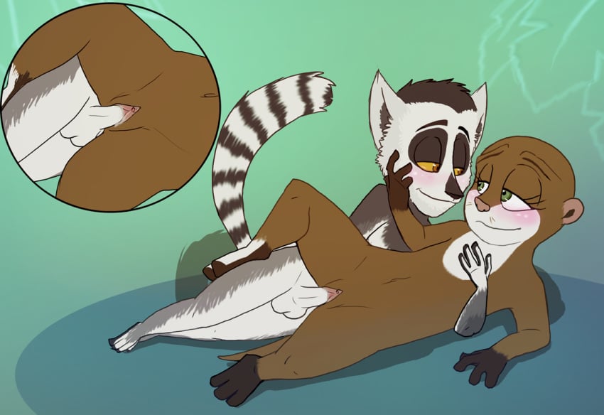 animatics anthro blush dreamworks female furry furry_only interspecies king_julien lemur madagascar_(series) male marlene_(madagascar) missionary_position mustelid nude otter penetration penis sex straight