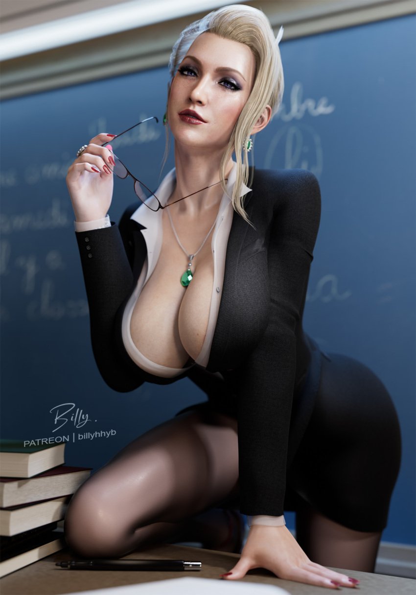 1girls 3d big_breasts billyhhyb bimbo blonde_hair blue_eyes book breasts cleavage ear_piercing earrings female female_only final_fantasy final_fantasy_vii final_fantasy_vii_remake glasses glasses_removed hair hips lips lipstick looking_at_viewer mature mature_female mature_woman milf nail_polish nails necklace neckwear pen red_lips red_lipstick red_nail_polish red_nails scarlet_(ffvii) solo solo_female square_enix table teacher teacher_outfit