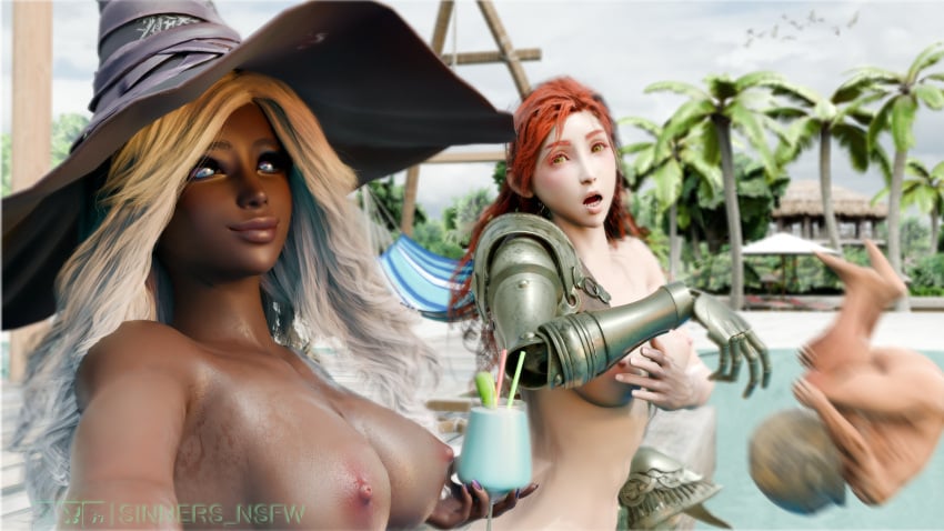 3d 3d_(artwork) beach big_breasts big_breasts blender blender_(artwork) blender_(software) blender_cycles dark-skinned_female dark_nipples dark_skin interracial let_me_solo_her mage malenia_blade_of_miquella recluse_(elden_ring) recluse_(nightreign) selfie sinners_nsfw surprise surprised surprised_expression surprised_face white_hair