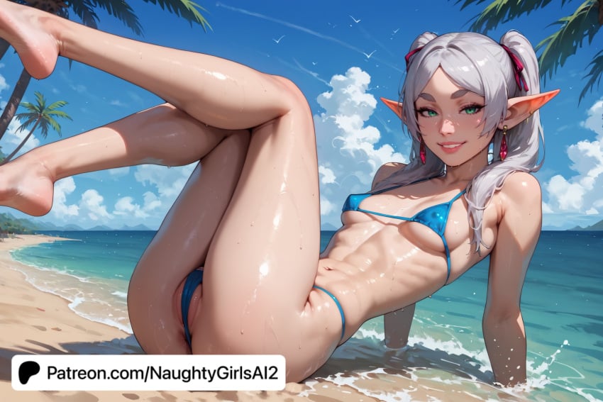 abs against_tree ai_generated ass bamboo bangs bare_tree barefoot beach bikini bird blue_bikini blue_sky branch breasts cloud cloudy_sky coconut day earrings elf elf_ears feet female frieren frieren_beyond_journey's_end green_eyes horizon island jewelry leaf leg_up looking_at_viewer lying micro_bikini naughtygirlsai navel nose ocean outdoors palm_leaf palm_tree parted_lips patreon_username plant pointy_ears potted_plant sand seagull shore silver_hair skinny sky small_breasts smile soles solo sousou_no_frieren starfish summer swimsuit tanabata toes toned tree water wet white_hair