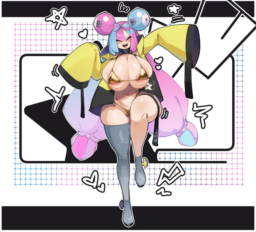 1girls ^_^ areolae asymmetrical_legwear blue_hair blush breasts busty cameltoe cleavage closed_eyes eyebrows_visible_through_hair female female_only gold_bikini golden_week golden_week_bikini huge_breasts iono_(pokemon) light-skinned_female light_skin magnemite_hair_clips multicolored_hair navel open_mouth panties pink_hair pokemon pokemon_sv rr001c sharp_teeth skimpy_clothes smile solo split-color_hair thick_thighs thighhighs tied_hair two_tone_hair voluptuous