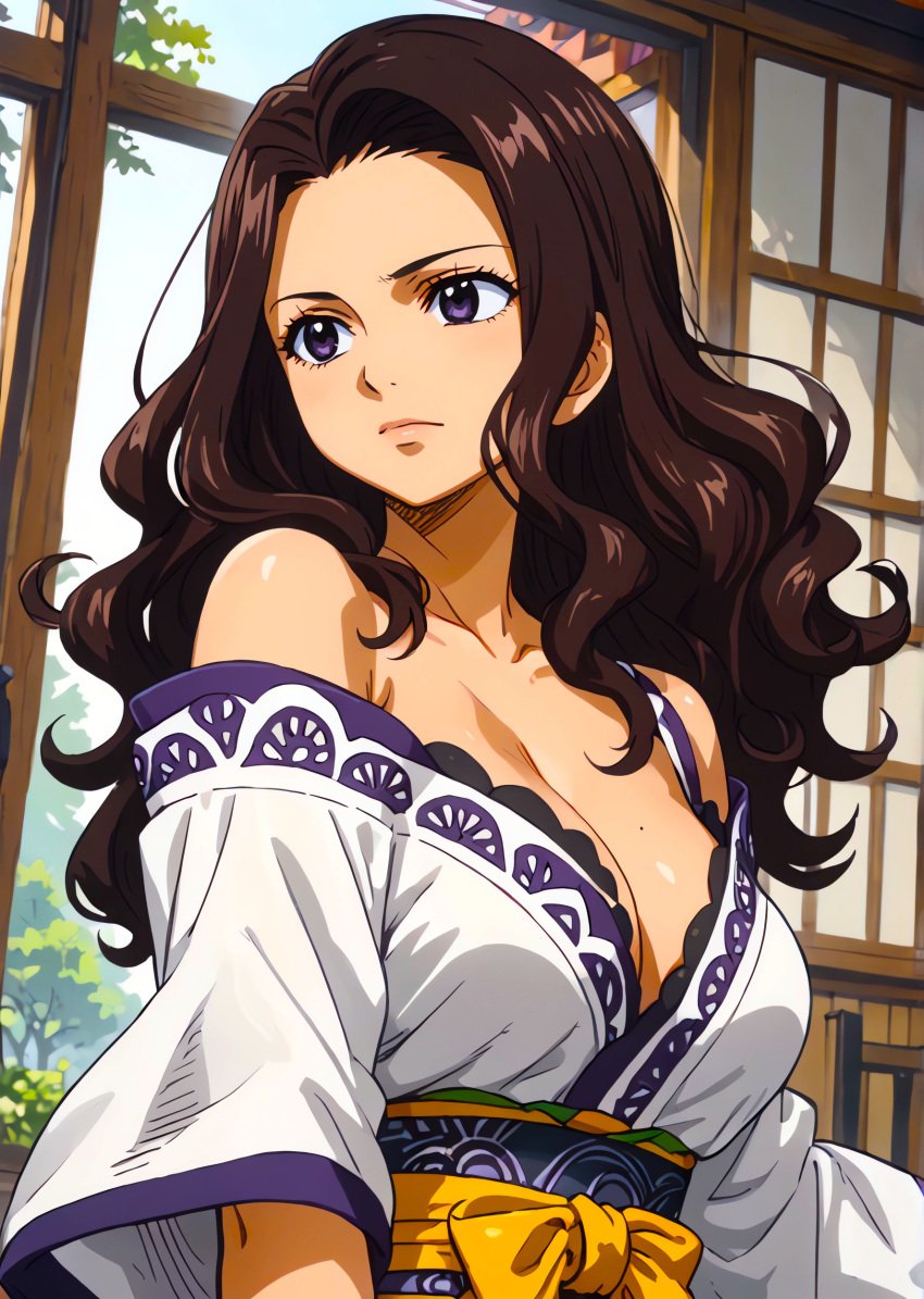 1girls ai_generated anime anime_girl anime_style babe big_breasts breasts brown_hair busty_female cana_alberona cleavage curvy fairy_tail fantasy female_focus garden golden_week holidays indoors isaris-ai japanese_clothing leaves looking_to_the_side obi off_shoulder off_shoulder_kimono purple_eyes purple_outline ribbon sash sliding_doors spring tatami trees white_kimono witch
