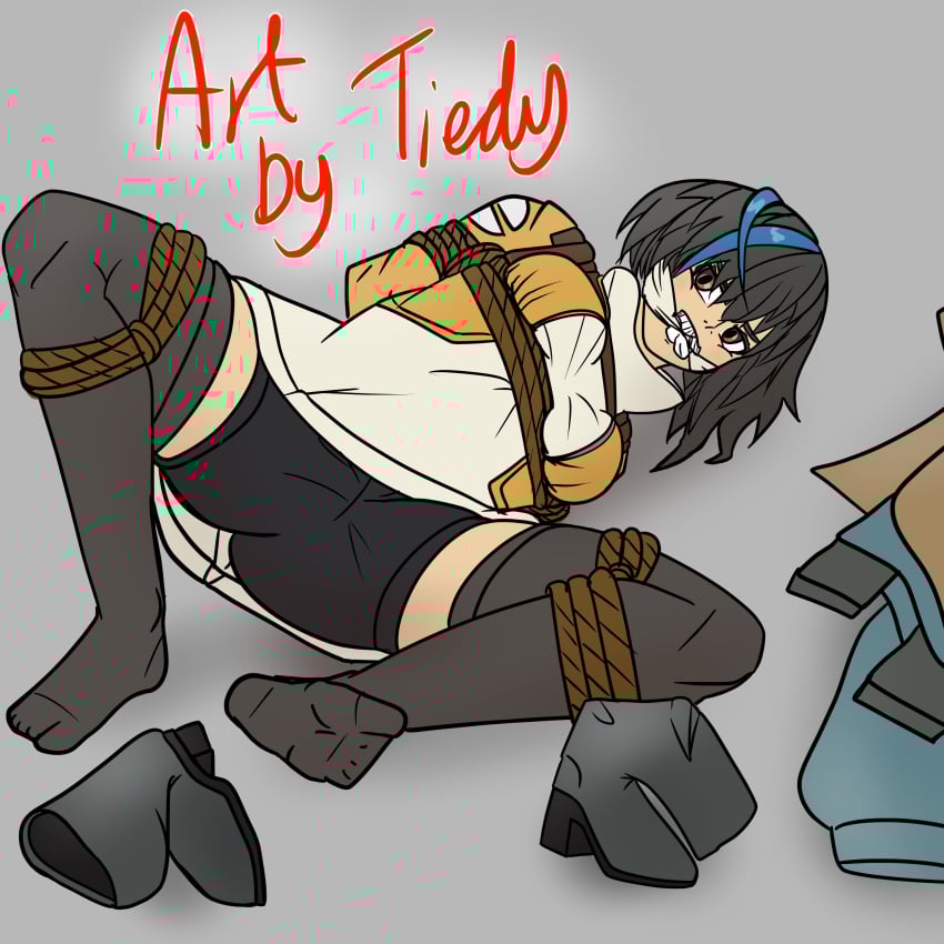 bondage feet frogtie gag gagged guilty_gear guilty_gear_strive shoes_removed socks thighs unika_(guilty_gear)