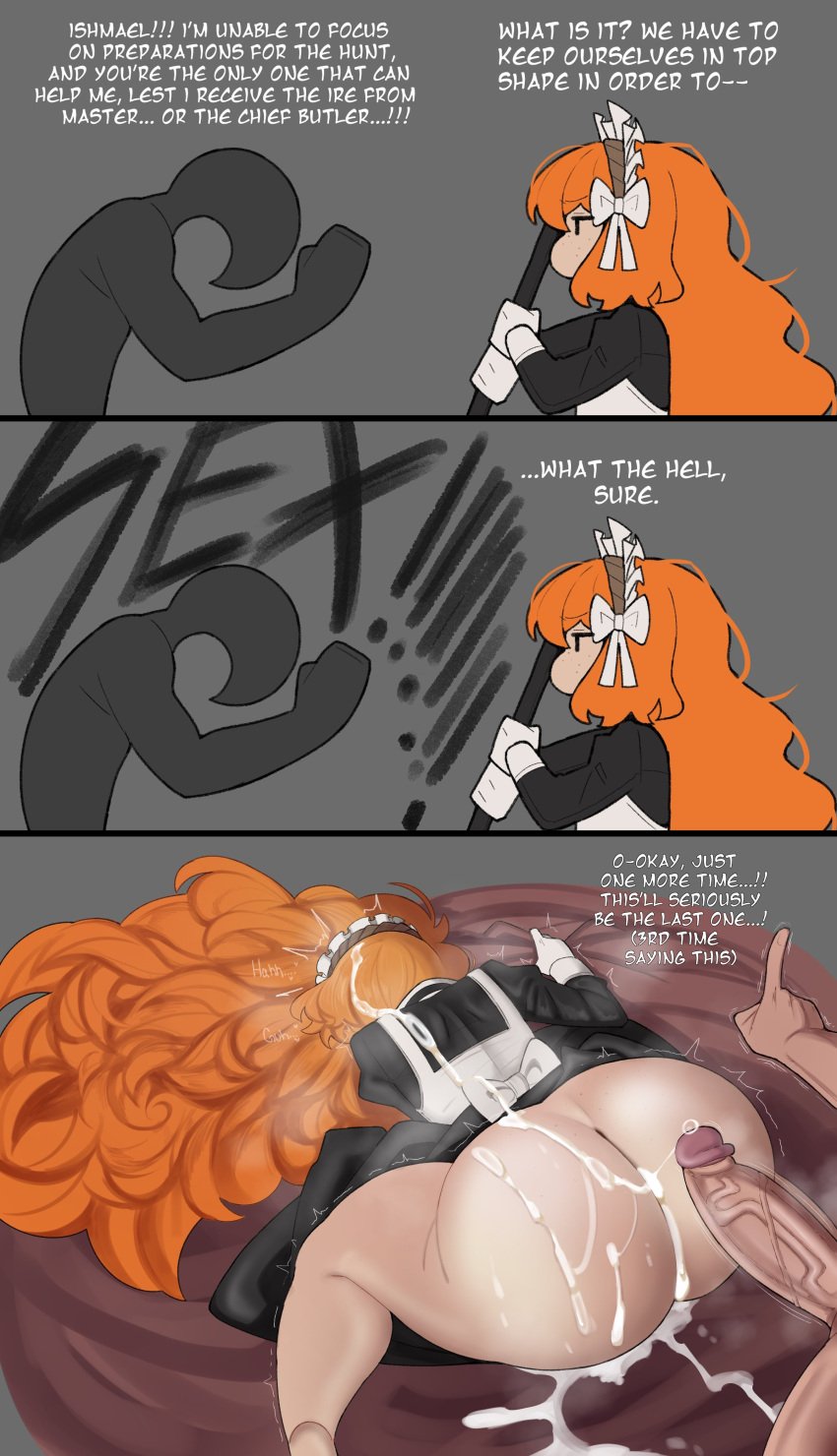 1boy 1boy1girl 1girls ambiguous_penetration cum female freckles freckles_on_ass ishmael_(limbus_company) limbus_company maid maid_uniform male project_moon ruina_card_art_attack_victim_grey_guy tagme text twitch_lines twitching vammzu