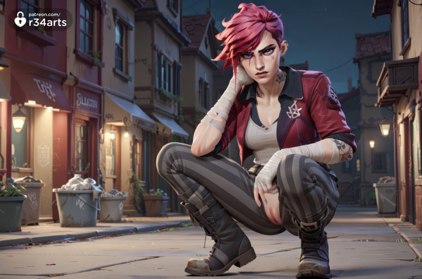 1girls ai_generated arcane arcane_vi artist_name bandaged_arm bandages boots breasts cleavage collarbone ear_piercing earrings hi_res jacket jewelry league_of_legends looking_at_viewer medium_breasts netflix night nose_piercing open_clothes open_jacket outdoors pants piercing pink_hair pussy r34arts red_hair red_jacket riot_games shirt short_hair sidecut smile solo squatting striped_clothes striped_pants tattoo torn_clothes torn_pants trash_can uncensored undercut vi