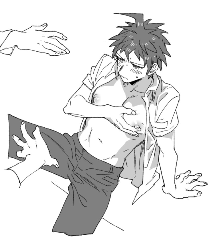 blush danganronpa danganronpa_2:_goodbye_despair hinata_hajime legs_apart legs_held_open legs_spread male male_focus male_only nipples pants partially_clothed shirt_open spread_legs touching_nipples uurin