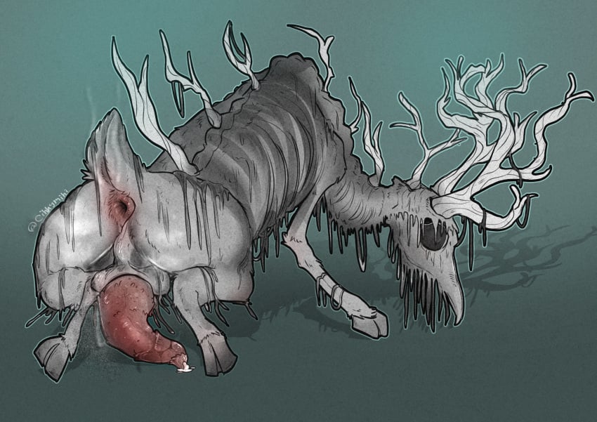 absurd_res ambiguous_gender anal_fluids ancestor_spirit animal_genitalia animal_penis antlers anus ass backsack balls balls_touching big_butt big_penis bodily_fluids butt_focus cervine_genitalia cervine_penis cinnymini cum deer elden_ring feral frail fromsoftware genital_fluids genitals greyscale hi_res highlights_(coloring) hooves horn hybrid leaking leaking_cum leaking_precum male mammal monochrome musk musk_clouds nature penis plant precum presenting presenting_anus presenting_hindquarters raised_tail regal_ancestor_spirit saggy_balls scut_tail short_tail simple_background smelly solo tail tail_tuft tuft vines weak